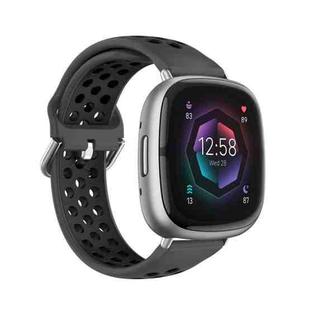 For Fitbit Sense Two-Color Perforated Breathable Silicone Watch Band(Black+Black)