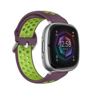 For Fitbit Sense Two-Color Perforated Breathable Silicone Watch Band(Purple+Lime)