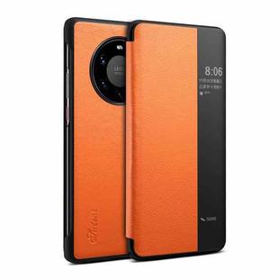 For Huawei Mate 40 Suteni Genuine Leather Side Window View Smart Phone Case(Orange)