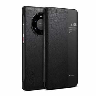 For Huawei Mate 40 Pro Suteni Genuine Leather Side Window View Smart Phone Case(Black)