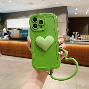 For iPhone 14 Pro 3D Heart Skin-Feel Silicone Phone Case with Wristband(Green)