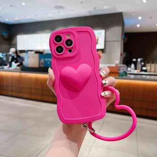 For iPhone 14 3D Heart Skin-Feel Silicone Phone Case with Wristband(Rose Red)