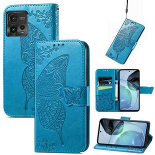 For Motorola Moto G72 Butterfly Love Flower Embossed Horizontal Flip Leather Case with Bracket / Card Slot / Wallet / Lanyard(Blue)