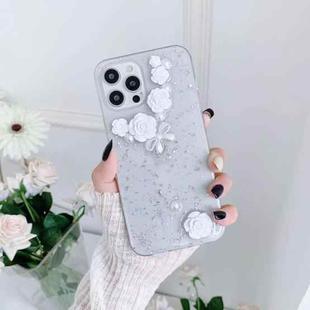 For iPhone 14 3D Pearl Bow Rose Glitter Epoxy TPU Phone Case(White)