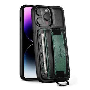 For iPhone 14 Pro Max Suteni H13 Card Wallet Wrist Strap Holder PU Phone Case(Black)