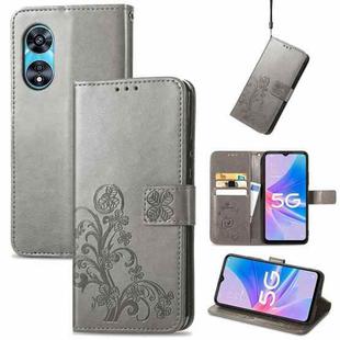 For OPPO A97 5G Four-leaf Clasp Embossed Buckle Leather Phone Case(Gray)