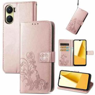 For vivo Y16 Four-leaf Clasp Embossed Buckle Leather Phone Case(Rose Gold)