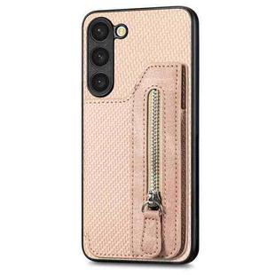 For Samsung Galaxy S23 5G Carbon Fiber Flip Zipper Wallet Phone Case(Khaki)