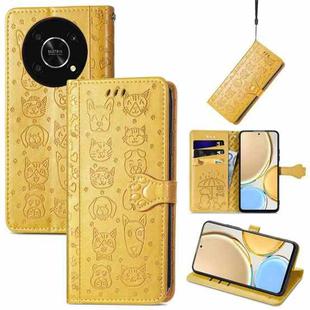 For Huawei Nova Y90 Cute Cat and Dog Embossed Leather Phone Case(Yellow)