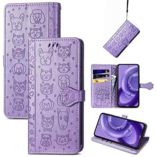For Motorola Edge 30 Neo Cute Cat and Dog Embossed Leather Phone Case(Purple)