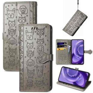 For Motorola Edge 30 Neo Cute Cat and Dog Embossed Leather Phone Case(Gray)