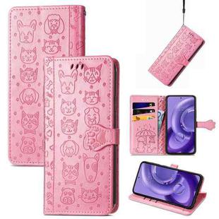 For Motorola Edge 30 Neo Cute Cat and Dog Embossed Leather Phone Case(Pink)
