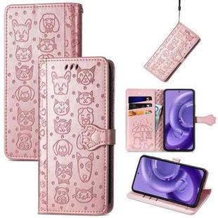 For Motorola Edge 30 Neo Cute Cat and Dog Embossed Leather Phone Case(Rose Gold)