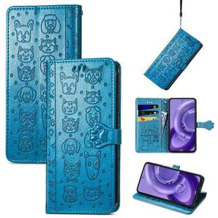 For Motorola Edge 30 Neo Cute Cat and Dog Embossed Leather Phone Case(Blue)