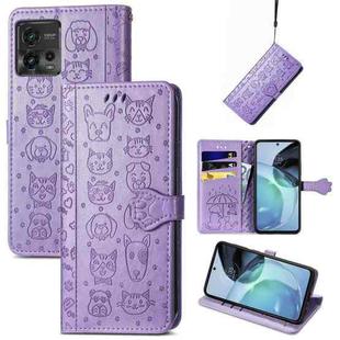 For Motorola Moto G72 Cute Cat and Dog Embossed Leather Phone Case(Purple)