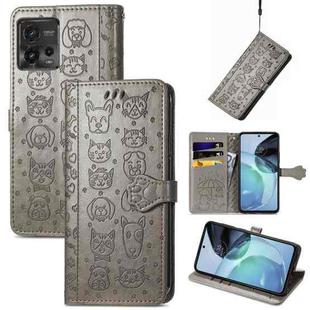 For Motorola Moto G72 Cute Cat and Dog Embossed Leather Phone Case(Gray)
