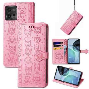 For Motorola Moto G72 Cute Cat and Dog Embossed Leather Phone Case(Pink)