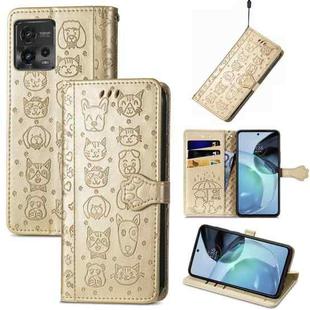 For Motorola Moto G72 Cute Cat and Dog Embossed Leather Phone Case(Gold)