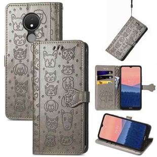 For Nokia C21 Cute Cat and Dog Embossed Leather Phone Case(Gray)