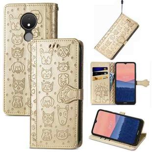 For Nokia C21 Cute Cat and Dog Embossed Leather Phone Case(Gold)