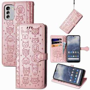 For Nokia G60 Cute Cat and Dog Embossed Leather Phone Case(Rose Gold)