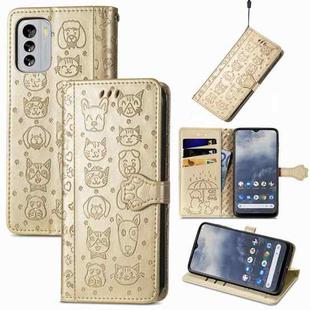 For Nokia G60 Cute Cat and Dog Embossed Leather Phone Case(Gold)