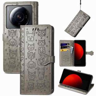 For Xiaomi 12S Ultra Cute Cat and Dog Embossed Leather Phone Case(Gray)