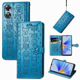For OPPO A17 Cat and Dog Embossed Leather Phone Case(Blue)