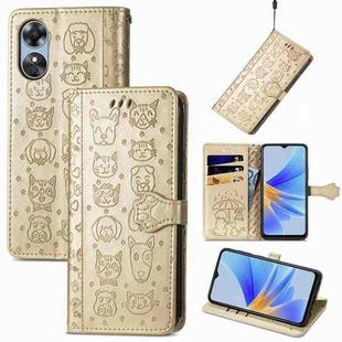 For OPPO A17 Cat and Dog Embossed Leather Phone Case(Gold)