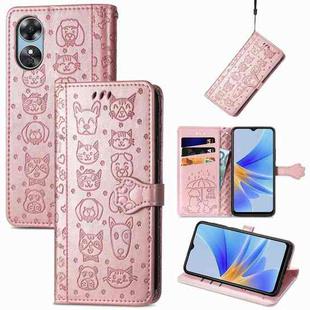 For OPPO A17 Cat and Dog Embossed Leather Phone Case(Rose Gold)