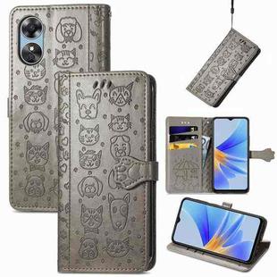 For OPPO A17 Cat and Dog Embossed Leather Phone Case(Gray)