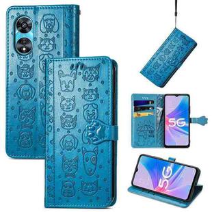 For OPPO A97 5G Cat and Dog Embossed Leather Phone Case(Blue)