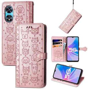 For OPPO A97 5G Cat and Dog Embossed Leather Phone Case(Rose Gold)