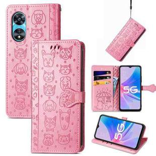 For OPPO A97 5G Cat and Dog Embossed Leather Phone Case(Pink)