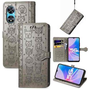 For OPPO A97 5G Cat and Dog Embossed Leather Phone Case(Gray)