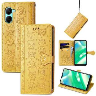 For Realme C33 Cat and Dog Embossed Leather Phone Case(Yellow)