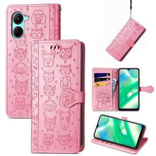 For Realme C33 Cat and Dog Embossed Leather Phone Case(Pink)