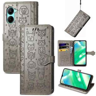 For Realme C33 Cat and Dog Embossed Leather Phone Case(Gray)