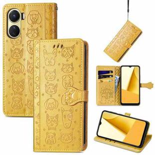 For vivo Y16 Cat and Dog Embossed Leather Phone Case(Yellow)