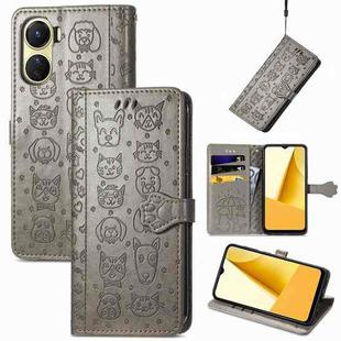 For vivo Y16 Cat and Dog Embossed Leather Phone Case(Gray)