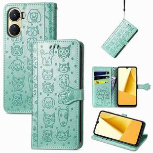For vivo Y16 Cat and Dog Embossed Leather Phone Case(Green)