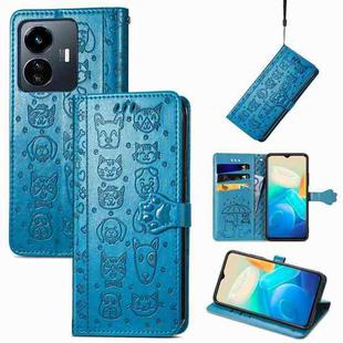 For vivo Y77 5G Global Cat and Dog Embossed Leather Phone Case(Blue)