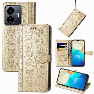 For vivo Y77 5G Global Cat and Dog Embossed Leather Phone Case(Gold)