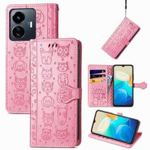 For vivo Y77 5G Global Cat and Dog Embossed Leather Phone Case(Pink)