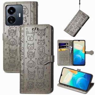 For vivo Y77 5G Global Cat and Dog Embossed Leather Phone Case(Gray)