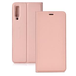 Electric Pressed Plain Texture Ultra-thin Magnetic Suction TPU + PU Leather Case with Holder & Card Slot for Galaxy A50(Rose gold)
