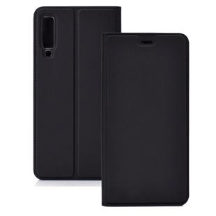 Electric Pressed Plain Texture Ultra-thin Magnetic Suction TPU + PU Leather Case with Holder & Card Slot for Galaxy A50(Black)