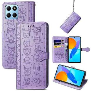 For Honor X8 5G Cute Cat and Dog Embossed Leather Phone Case(Purple)