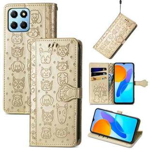 For Honor X8 5G Cute Cat and Dog Embossed Leather Phone Case(Gold)