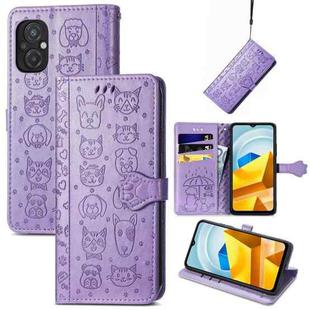 For Xiaomi Poco M5 Cute Cat and Dog Embossed Leather Phone Case(Purple)